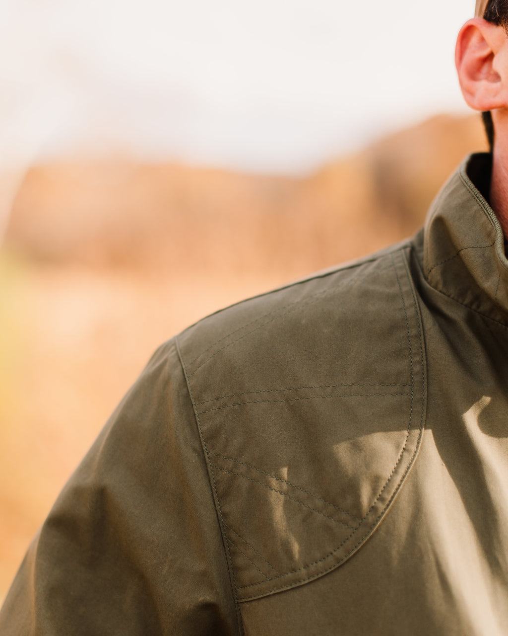 Sage Green Harrington Jacket shoulder detail, worn