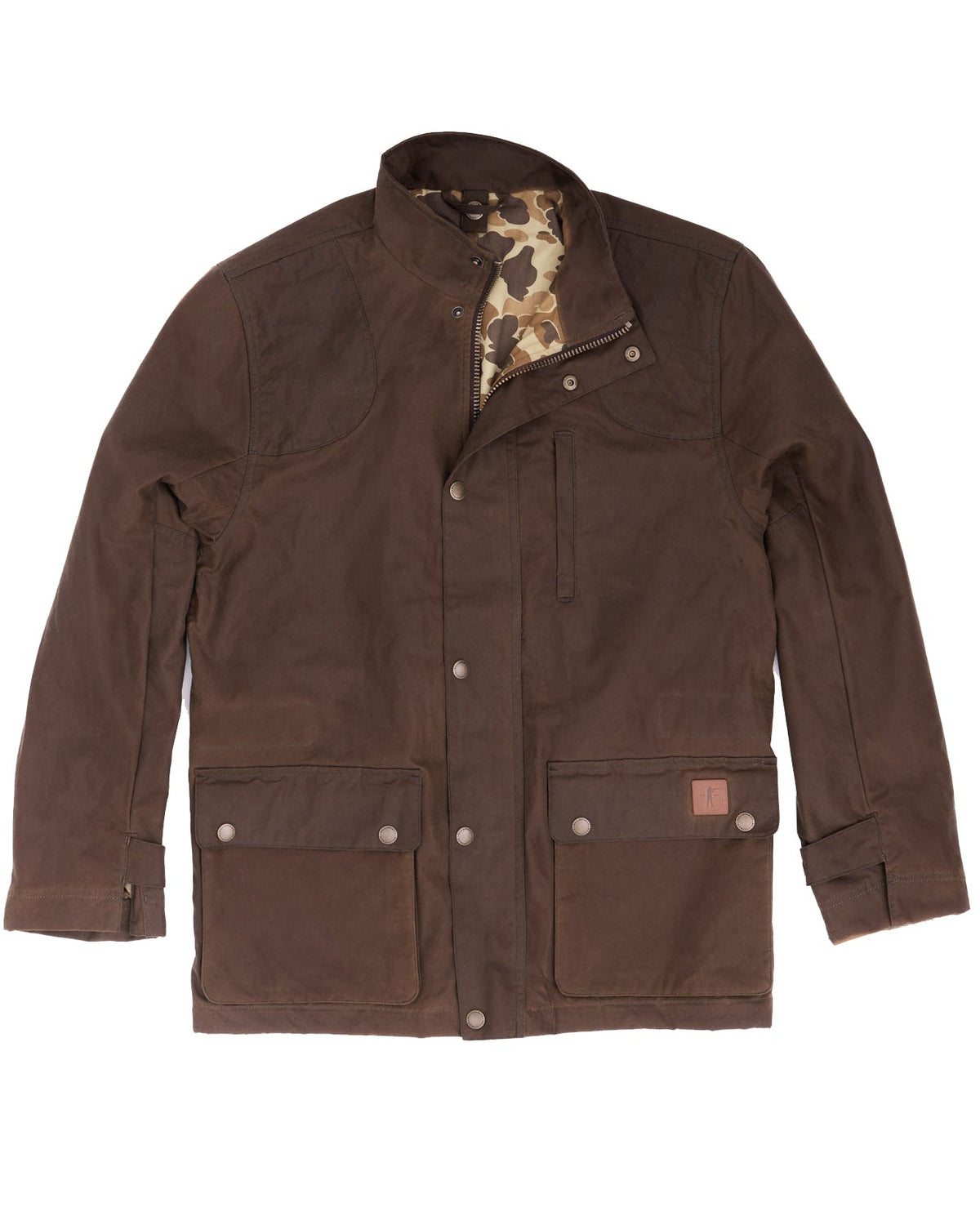 Ball and Buck Waxed Field Jacket in Oak brown, front view with flap pockets and camo-lined collar