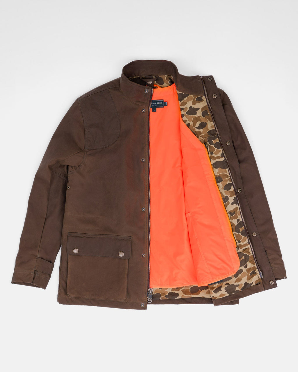 Blaze Orange Quilted Liner Vest zipped into an Oak Waxed Field Jacket