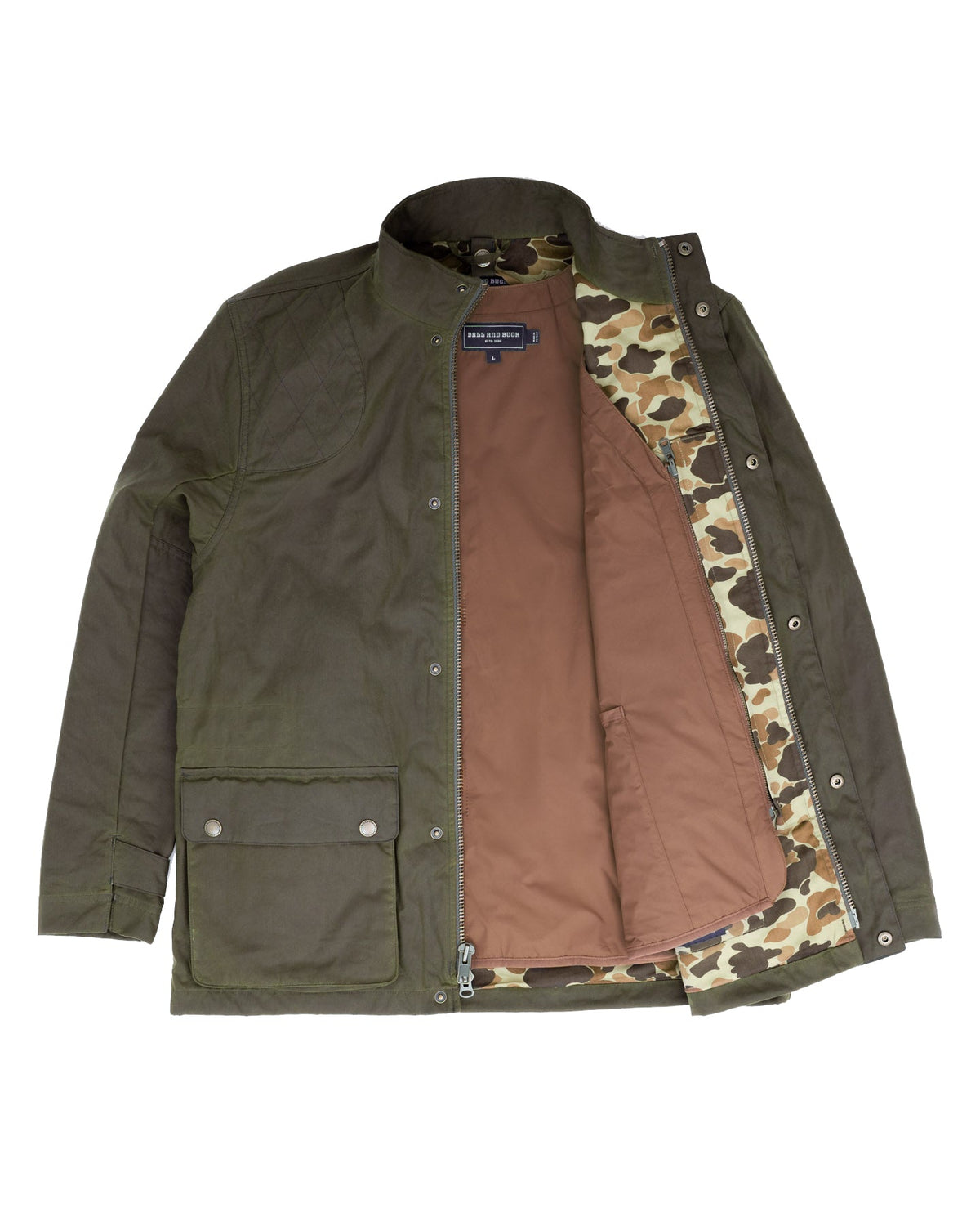 Brown Quilted Liner Vest zipped into a Dark Olive Waxed Field Jacket
