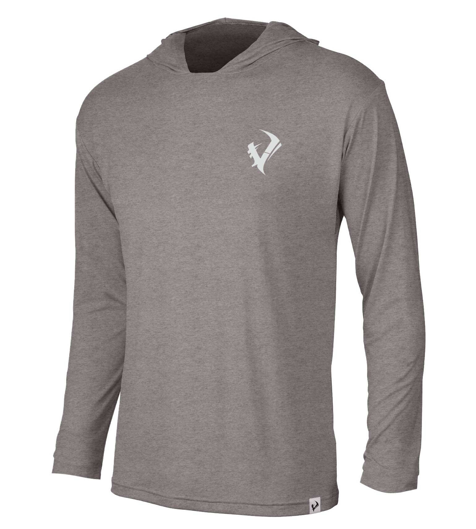Gray long sleeve hooded hunting shirt with white logo, lightweight outdoor apparel for hunters