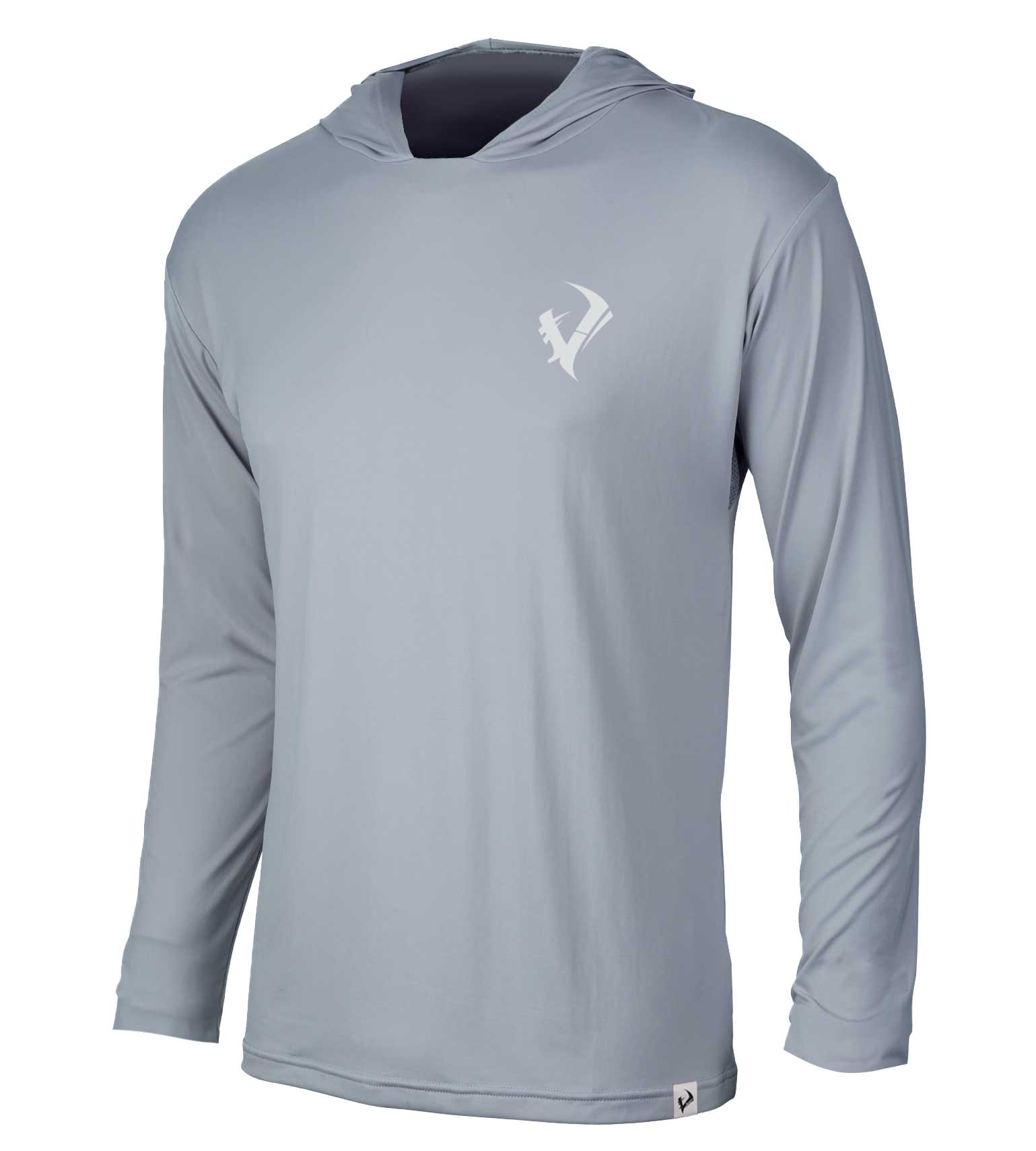 Gray long sleeve hooded hunting shirt with logo, lightweight outdoor apparel for hunting and fishing