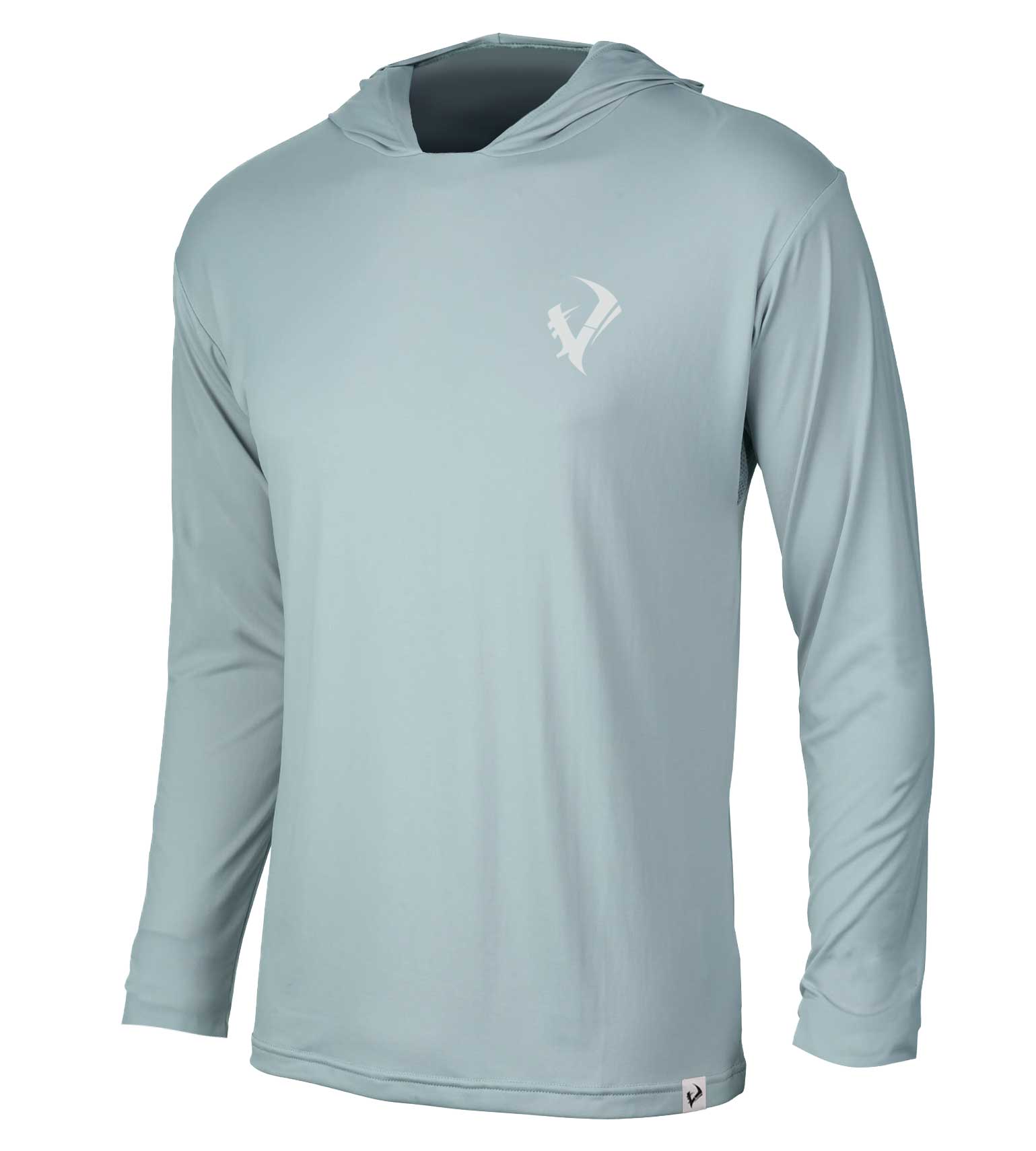 Light gray long sleeve hooded hunting shirt with logo, ideal for outdoor adventures and sun protection