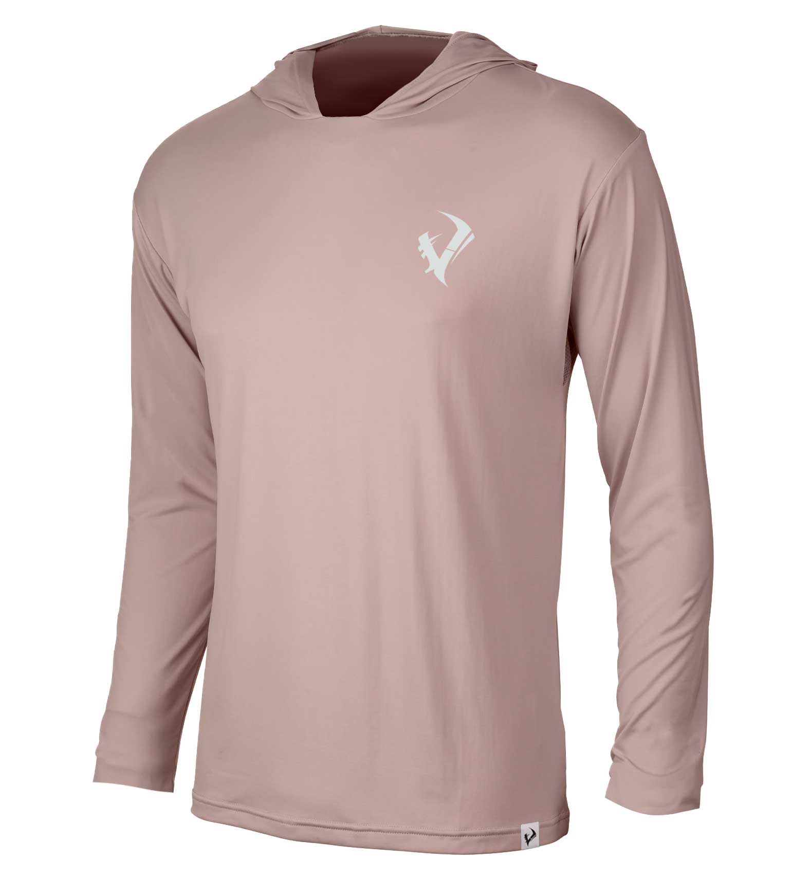 Dusty rose long sleeve hooded hunting shirt with white logo, lightweight outdoor apparel for hunters