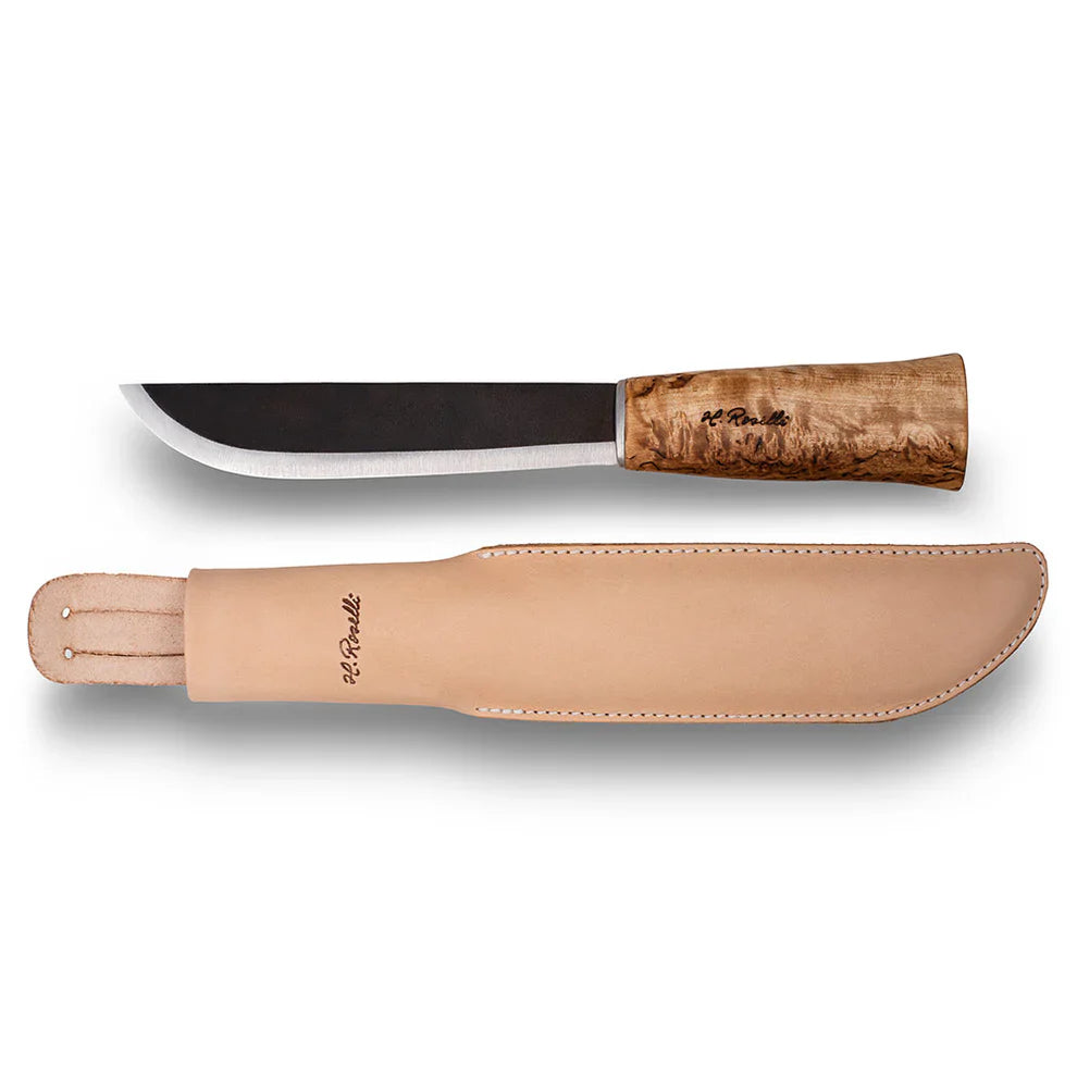 H. Roselli hunting knife with burl wood handle and leather sheath, outdoor survival gear