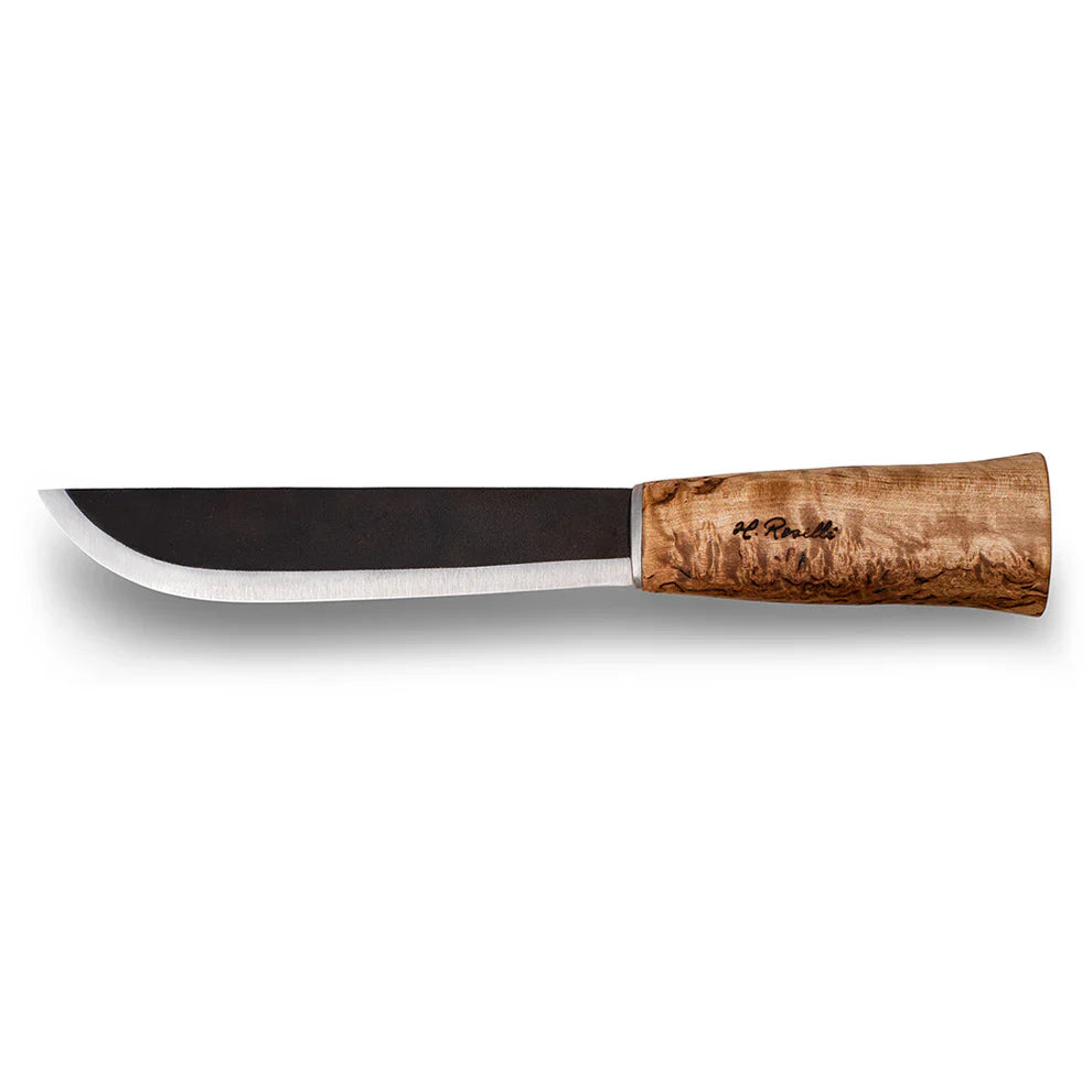 Hunting knife with curved stainless blade and olive wood handle, ideal for outdoor and field use