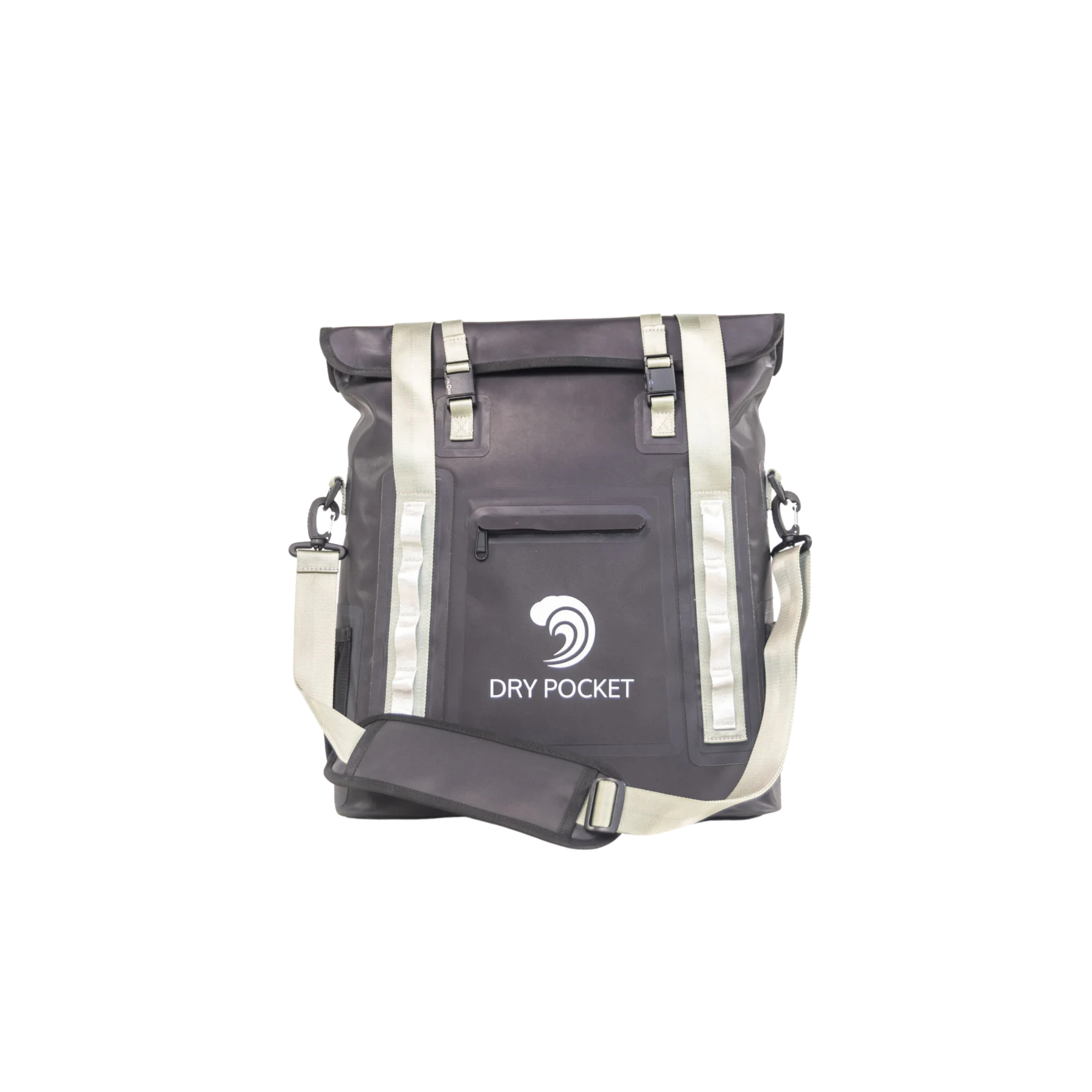 Black Dry Pocket waterproof dry bag with tan straps, ideal for hunting, fishing, and outdoor adventures.