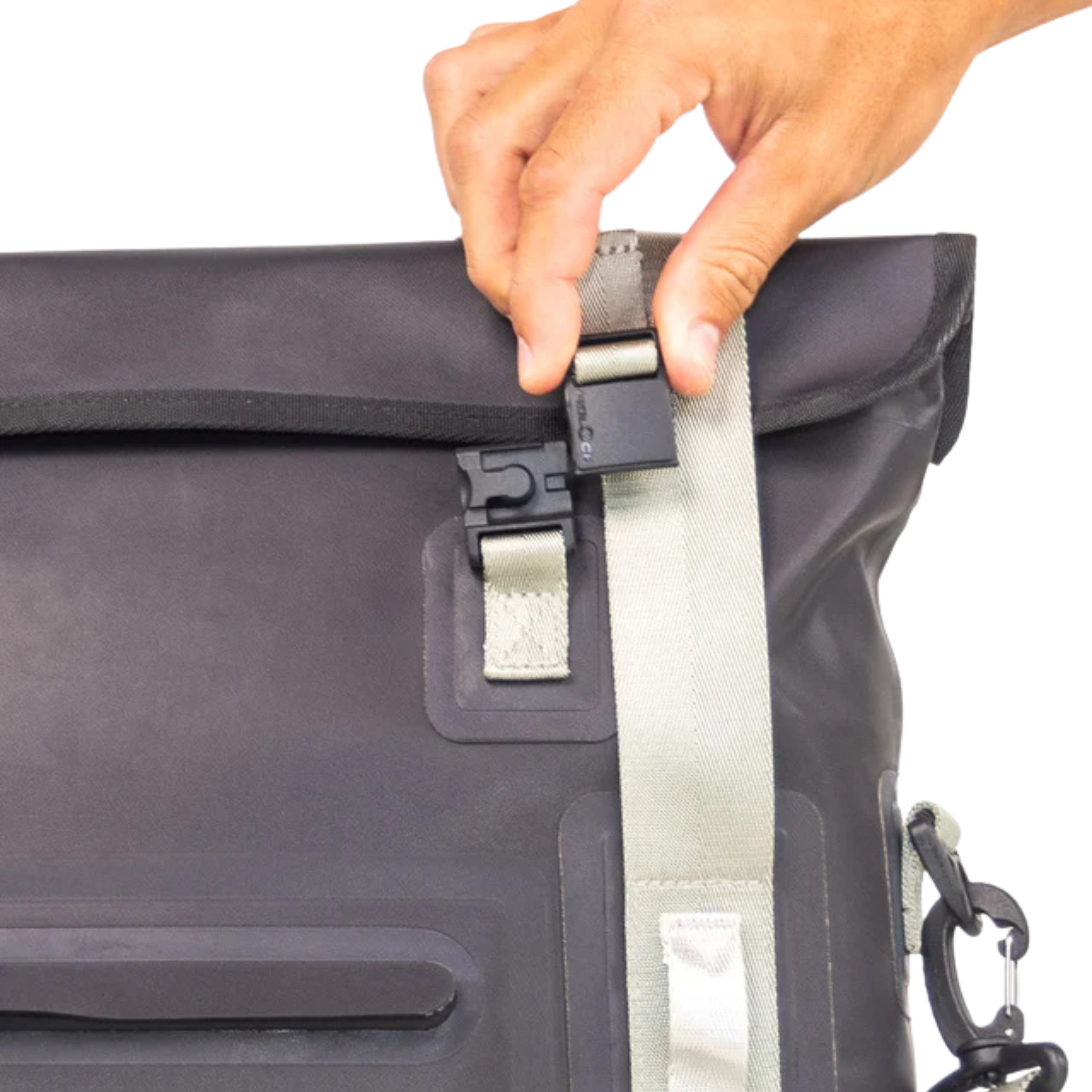 Black waterproof dry bag with gray straps and secure buckles for outdoor hunting gear storage