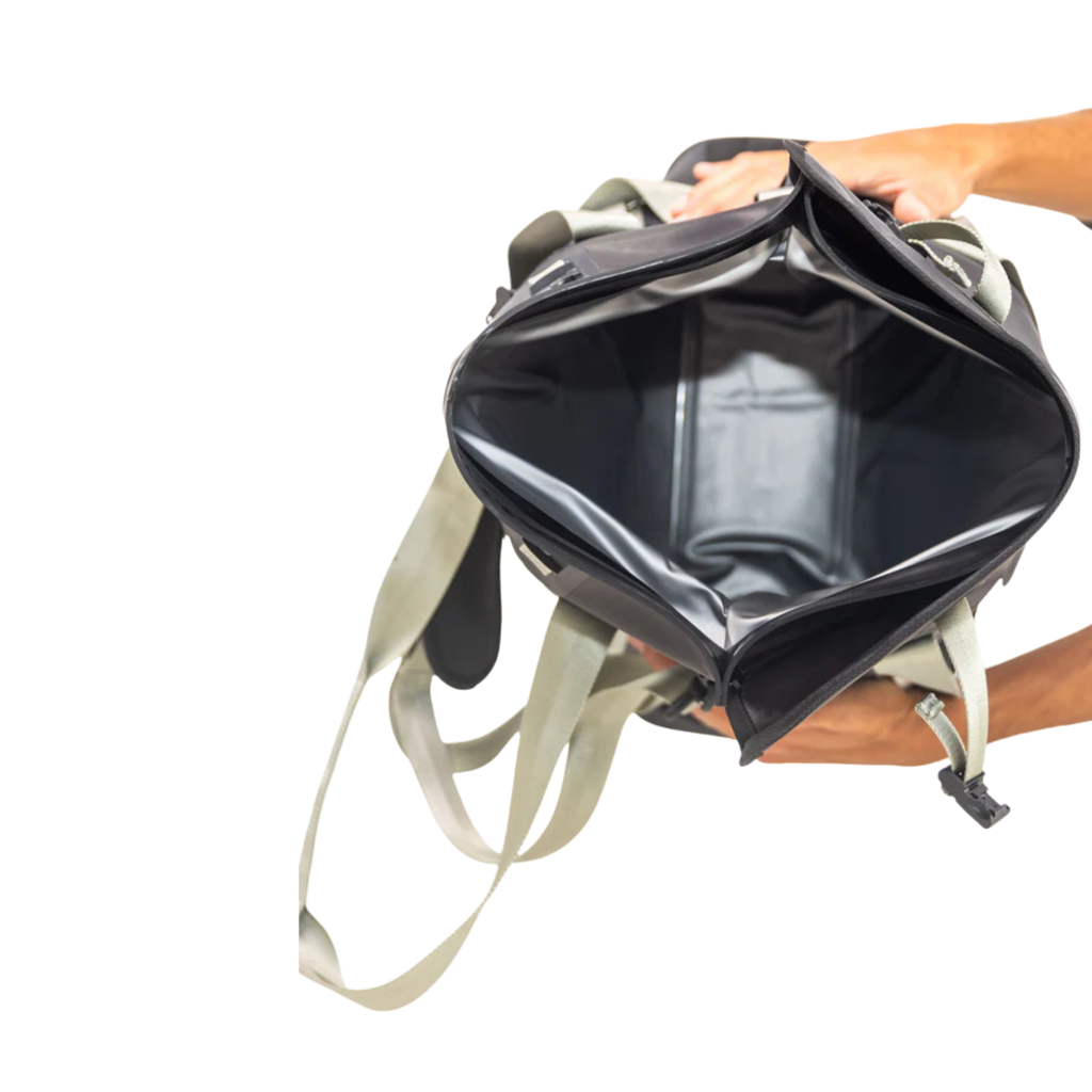 Olive green hunting gear bag with black interior, adjustable straps, and spacious compartment for outdoor adventures.