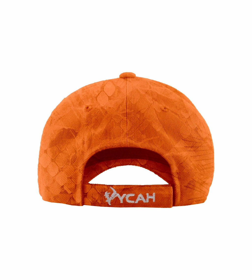 Orange camo hunting cap with YCAH logo, ideal for outdoor gear and hunting apparel