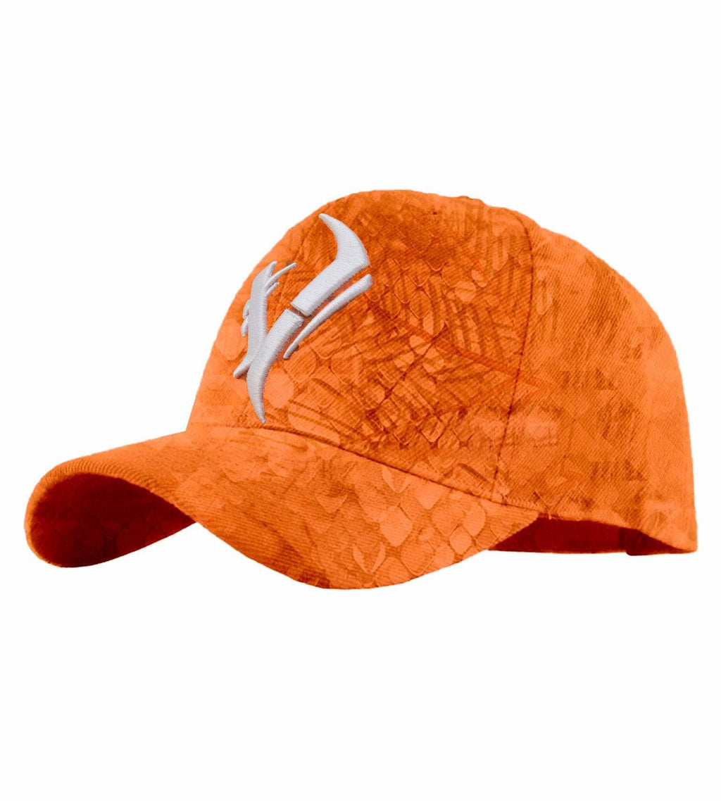 Orange camo hunting cap with white antler logo, ideal for outdoor and deer hunting gear