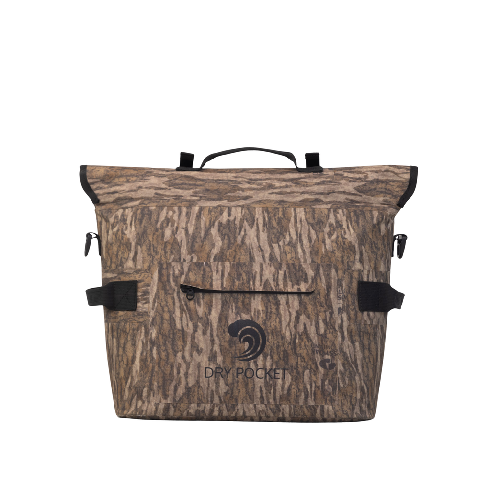 Dry Pocket camo dry bag with roll-top closure, ideal for hunting and outdoor gear storage