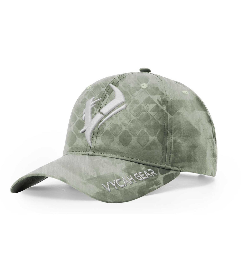 Vycah Gear olive camo hunting cap with embroidered logo, ideal for outdoor adventures and hunting gear