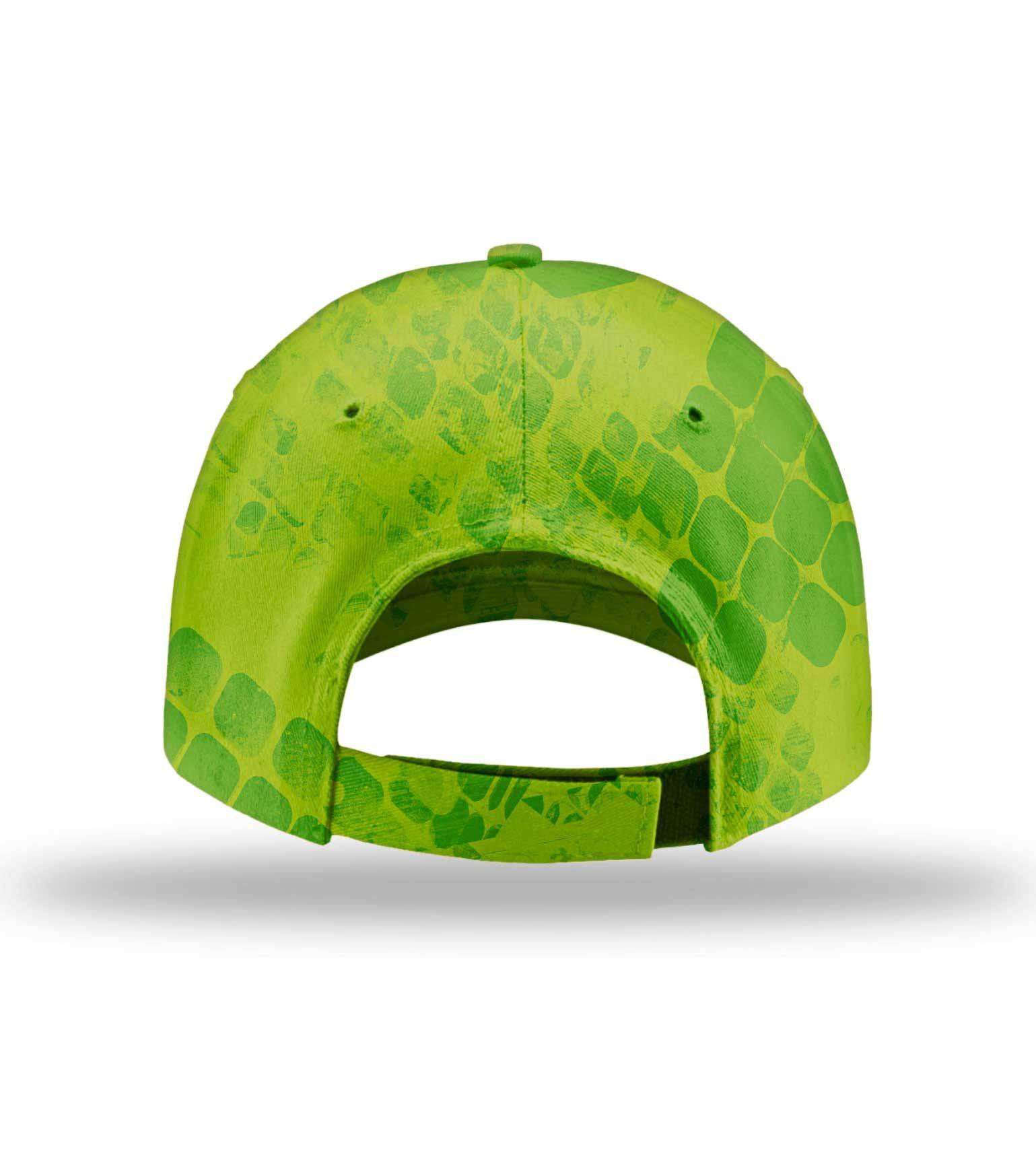 Lime green camo hunting cap with scale pattern, adjustable back, for outdoor use