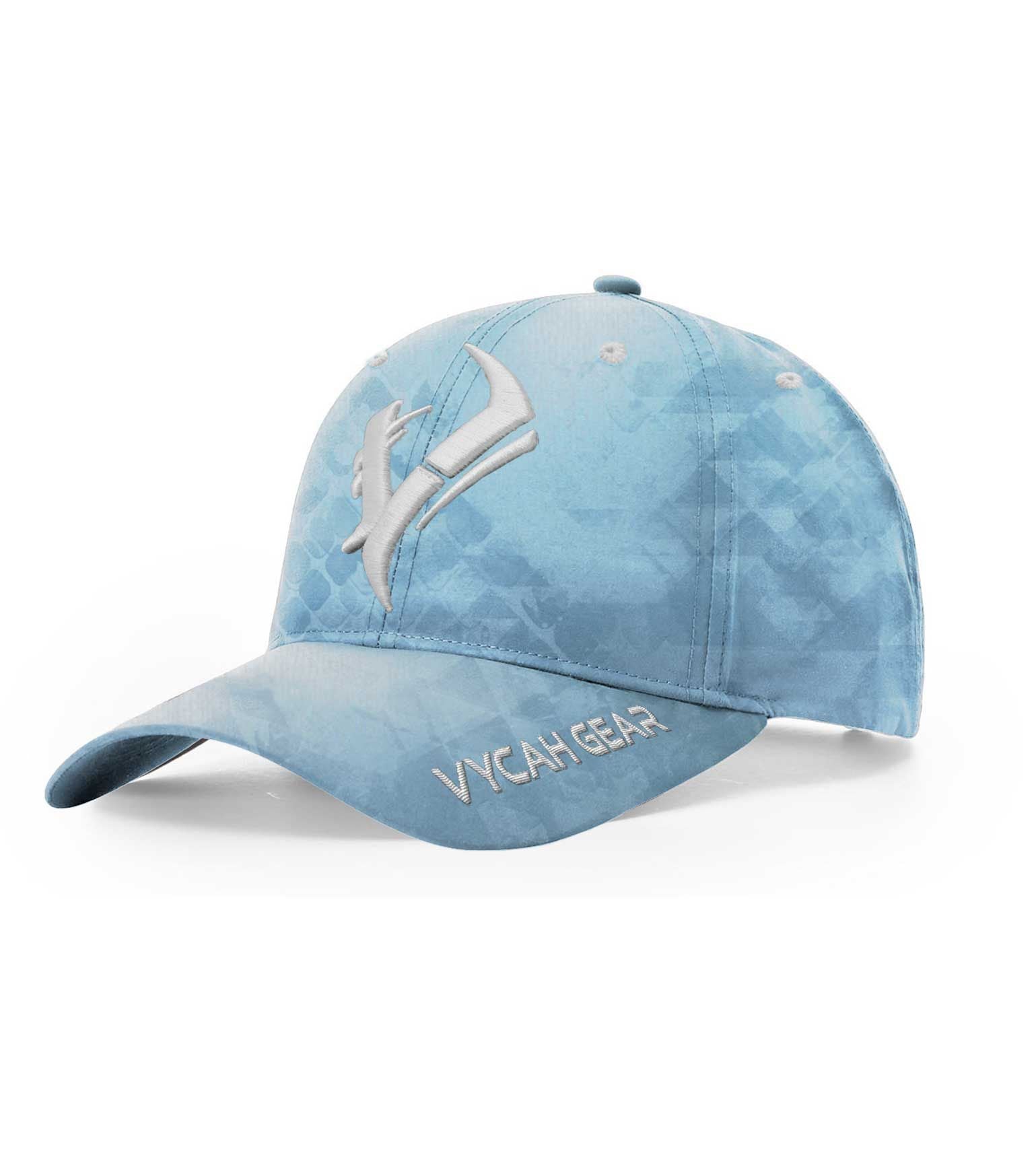 Light blue camo hunting cap with VYCAH GEAR logo, ideal for outdoor adventures and fishing trips.
