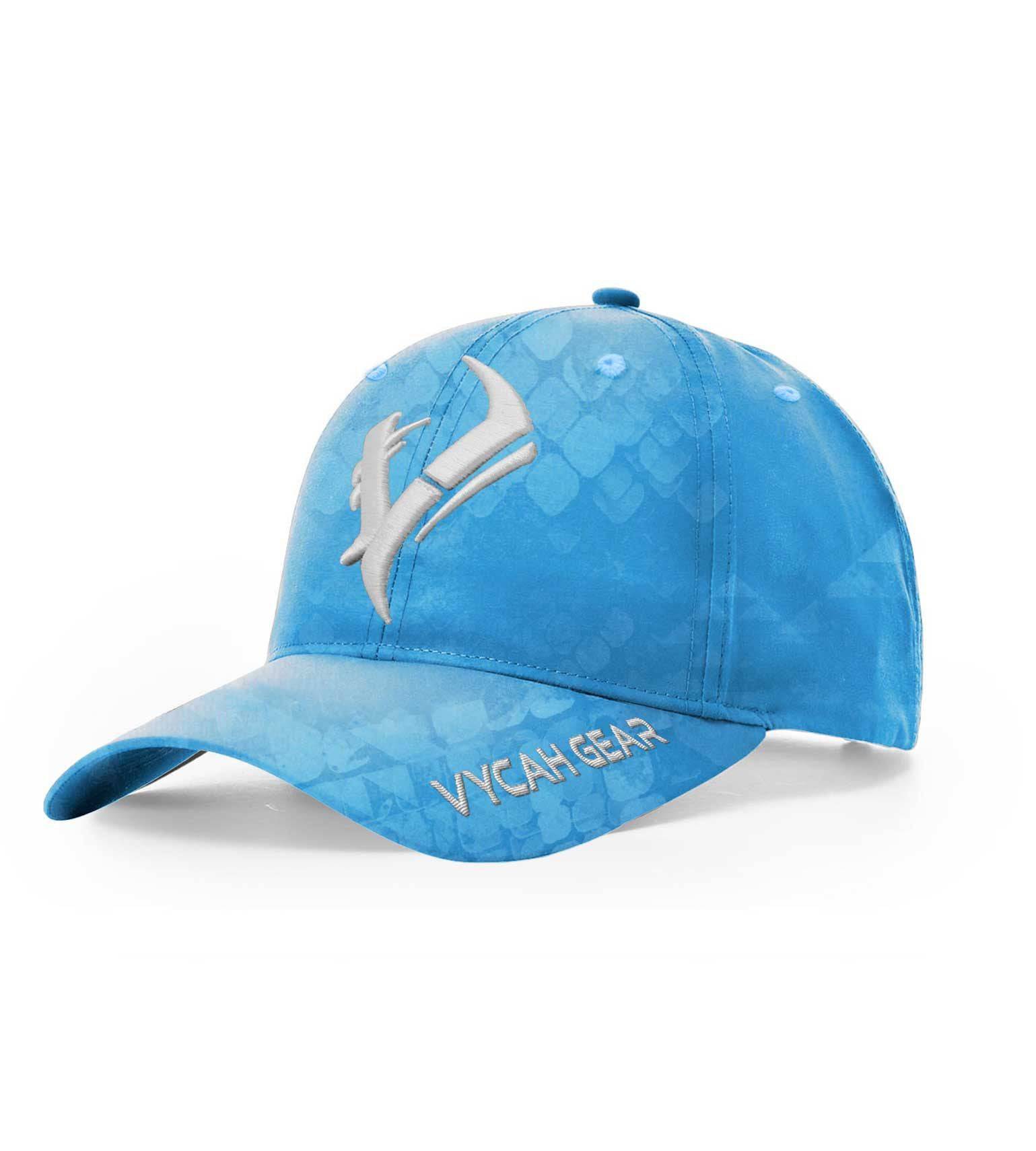Blue VYCAH GEAR cap with fish scale pattern and embroidered logo, ideal for fishing and outdoor adventures