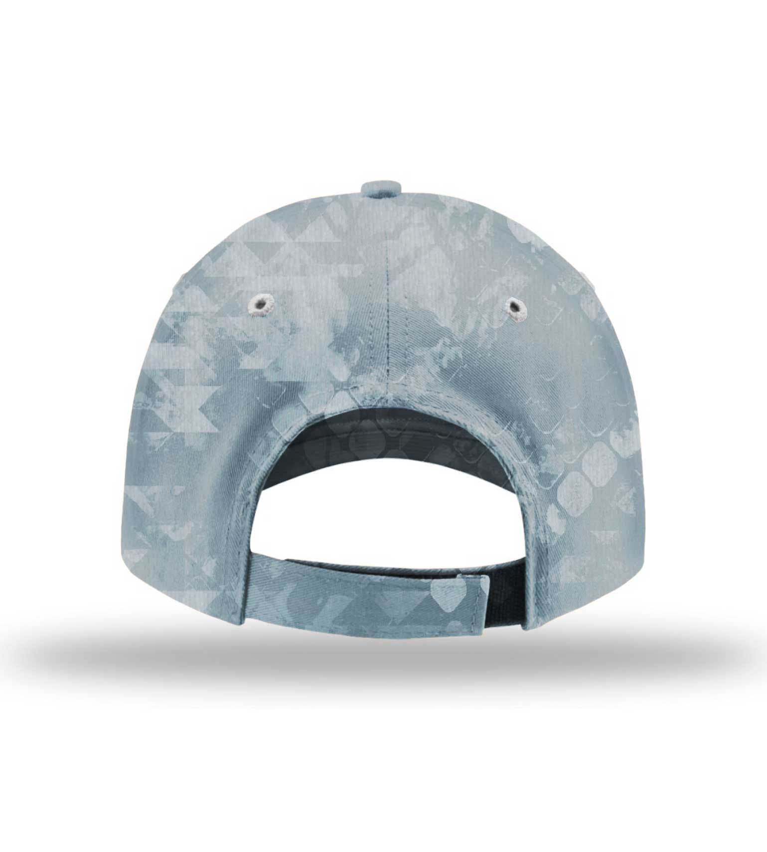 Light blue camo hunting cap with geometric pattern, adjustable strap, and ventilation holes for outdoor use