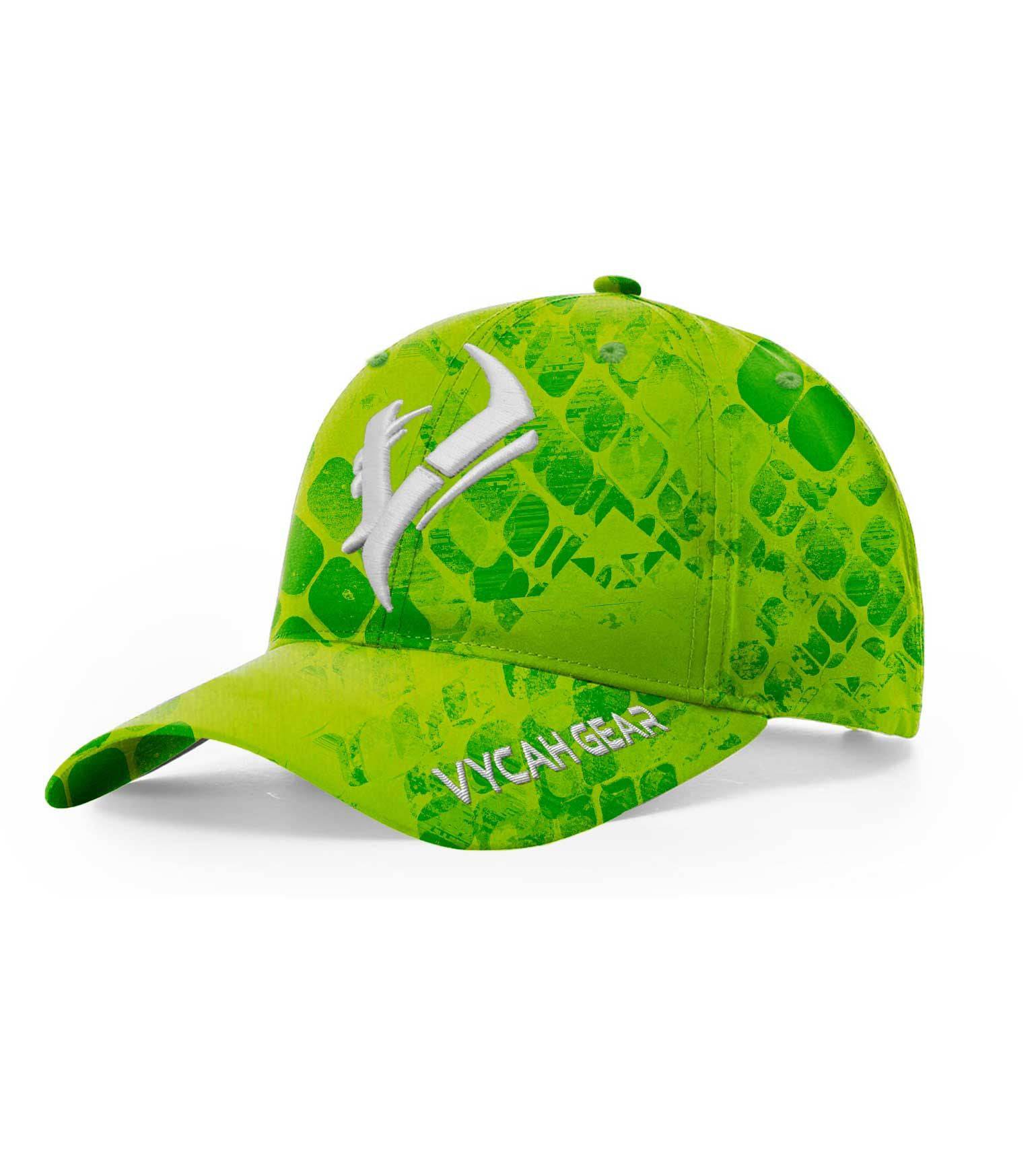 VYCAH GEAR lime green camo hunting cap with white deer logo, outdoor apparel for hunters