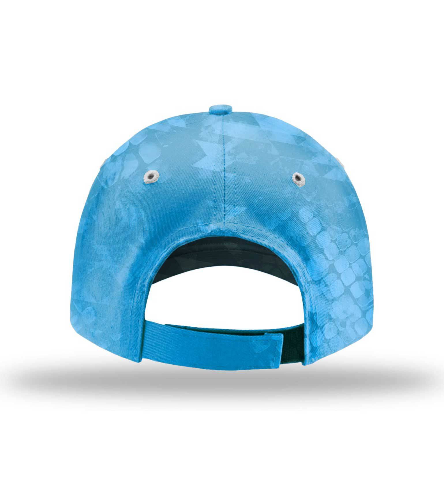Blue camo hunting cap with geometric pattern, ventilation holes, and adjustable strap for outdoor use