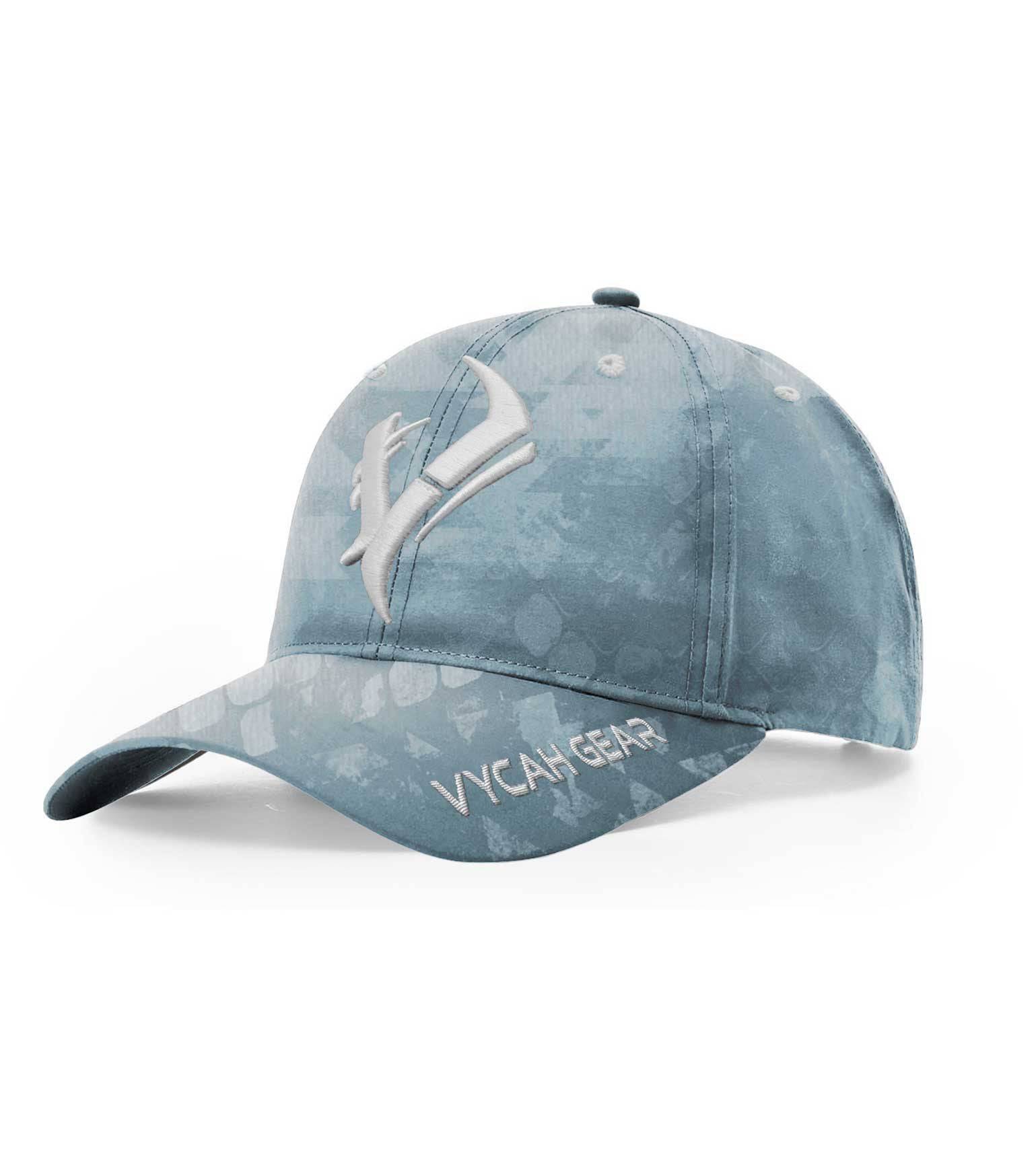 Vycah Gear blue camo hunting cap with embroidered logo and text, ideal for outdoor adventures