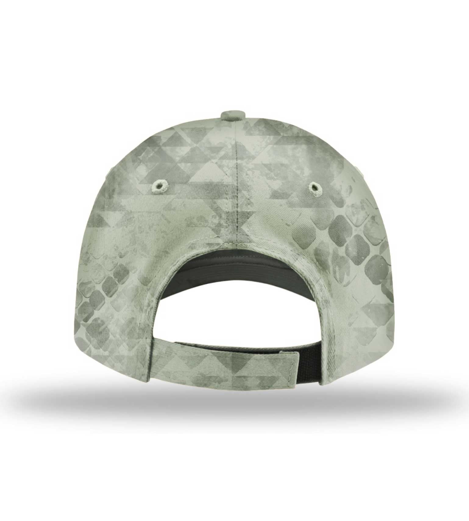 Green camo hunting cap with geometric pattern and adjustable strap for outdoor use