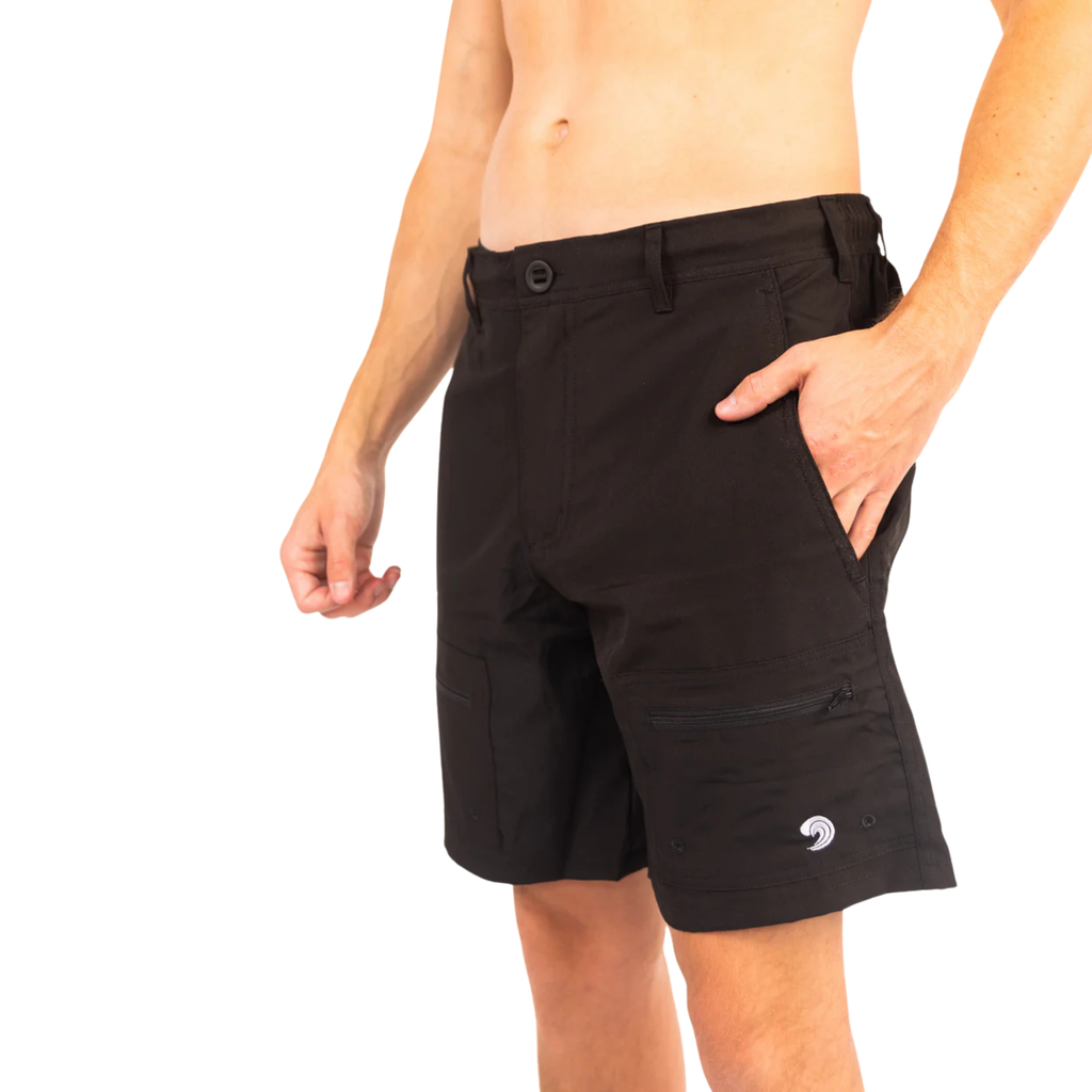 Black tactical cargo shorts with multiple pockets, zippered side pocket, and wave logo, ideal for outdoor hunting and fishing