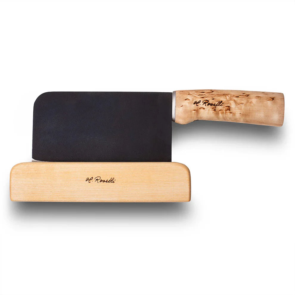 H. Roselli cleaver knife with wooden handle and matching stand, ideal for hunting prep and outdoor cooking