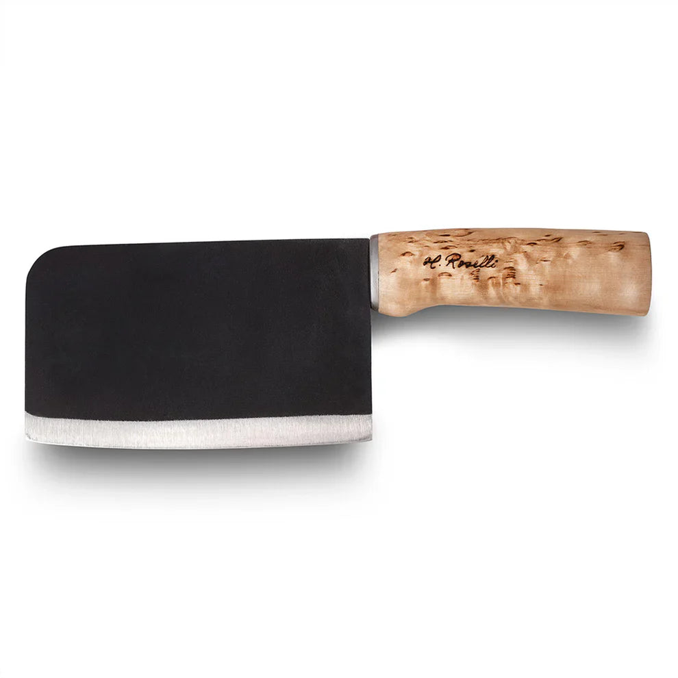 H. Roselli cleaver knife with black blade and natural wood handle for hunting and outdoor use