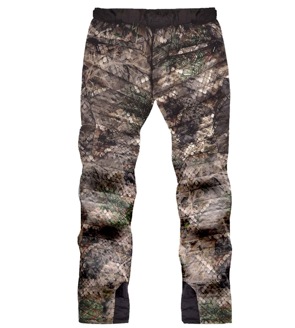 Vycah Cobalt Down Pant in Fall camo, back view with zippered rear pockets