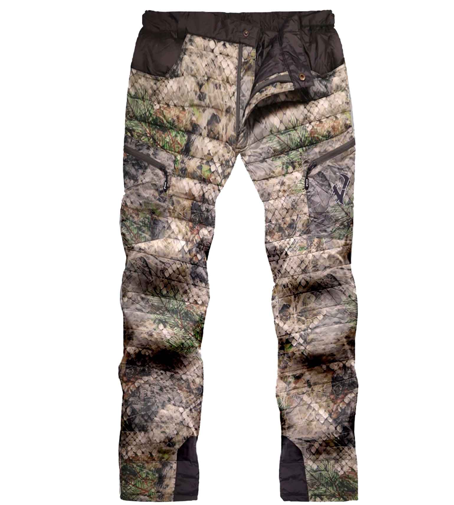 Vycah Cobalt Down Pant in Fall camo, front view of quilted down hunting pants with reinforced knees