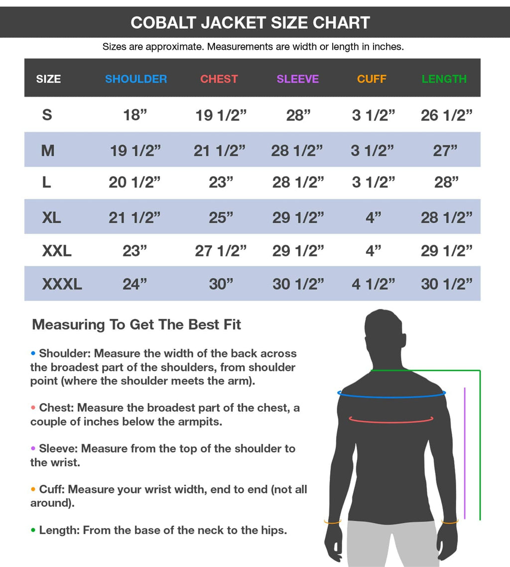 Vycah Cobalt Down Jacket size chart, sizes M through 3XL