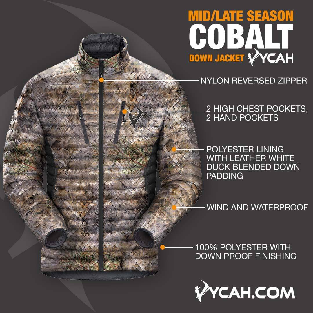 Vycah Cobalt Down Jacket features: nylon reversed zipper, 2 high chest and 2 hand pockets, polyester lining with white duck blended down padding, wind and waterproof, down proof finishing