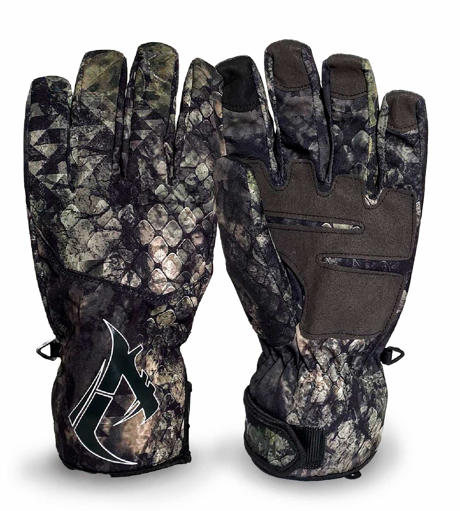 Vycah Conley insulated hunting gloves in Deep Woods camo with leather palm and Velcro cuff strap