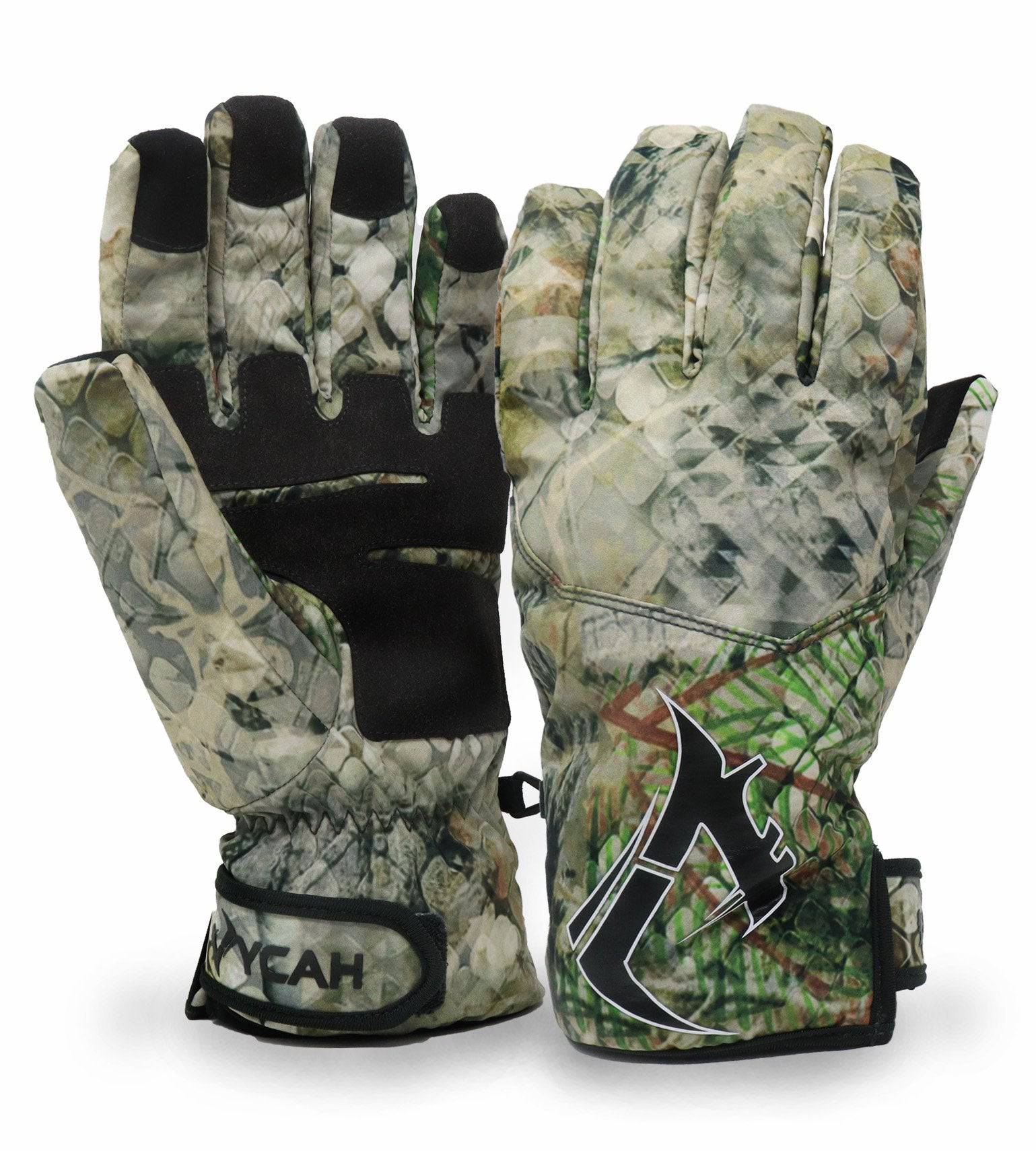 Vycah Conley insulated hunting gloves in Fall camo with black leather palm and Velcro cuff strap