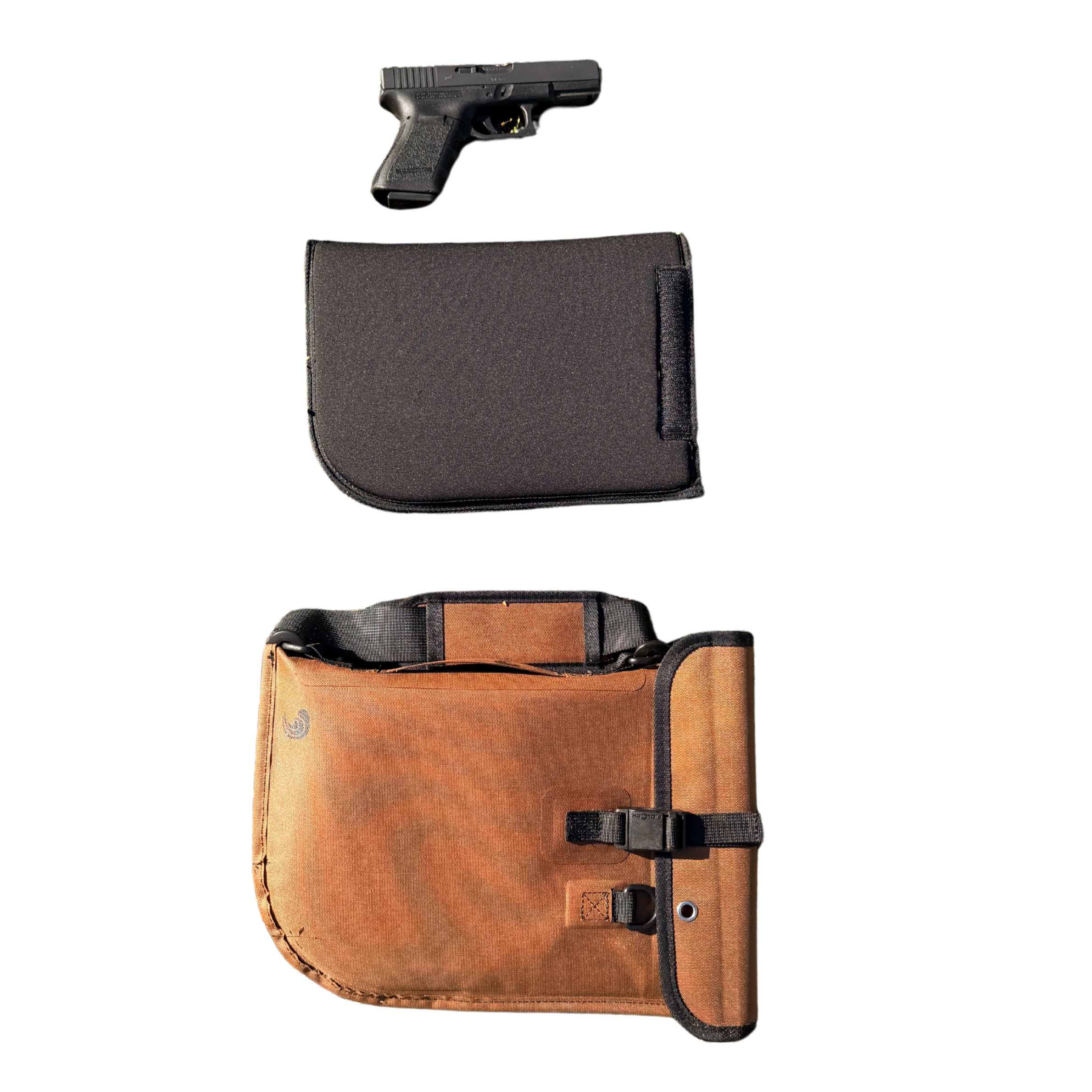 Tan and black tactical pistol holster with secure strap, shown with handgun for scale, ideal for outdoor carry.