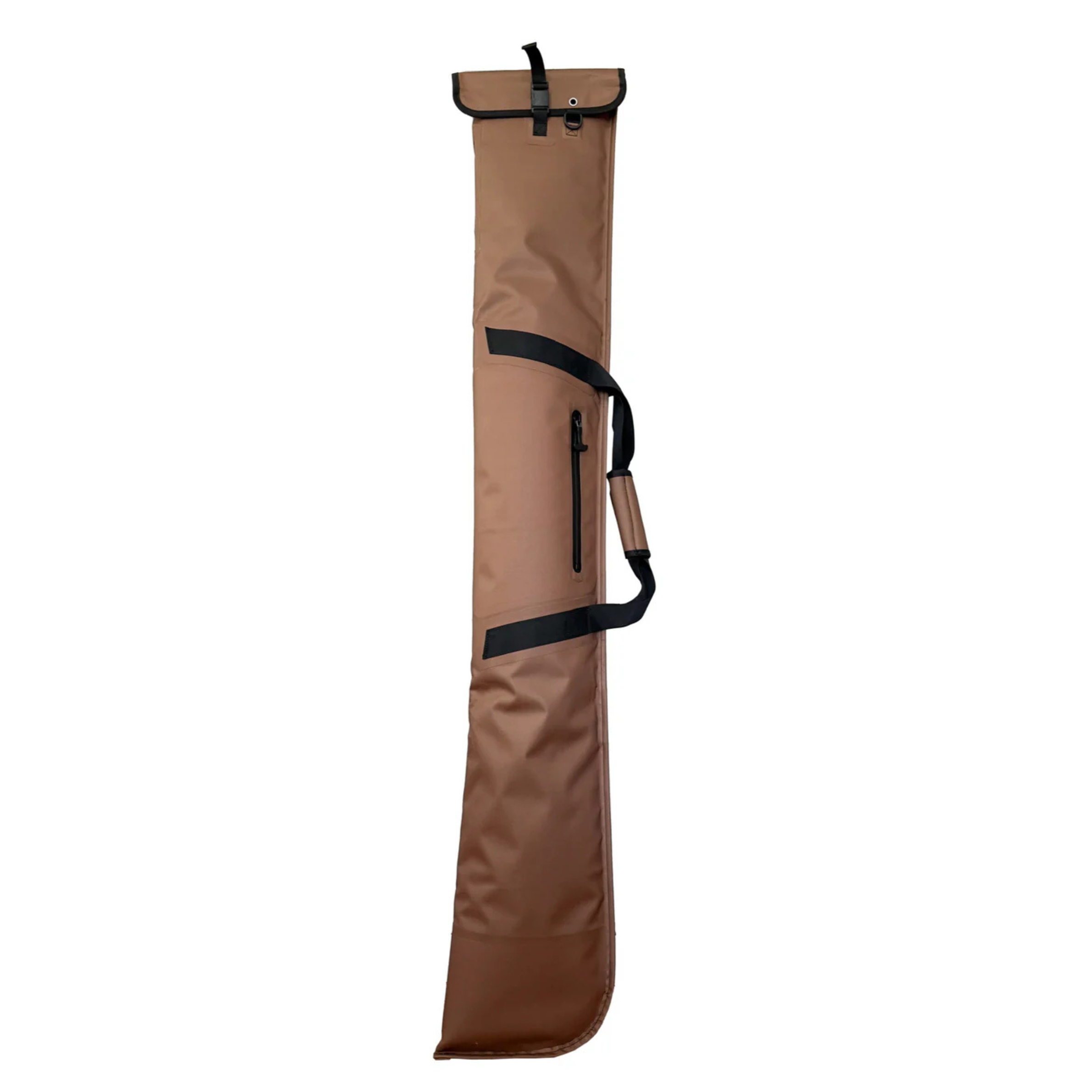 Brown tactical rifle case with shoulder strap and zippered pocket for hunting gear storage