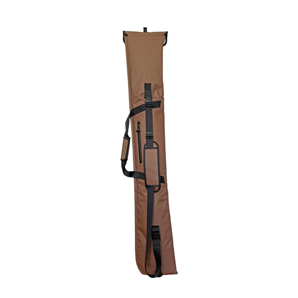Brown tactical rifle case with adjustable shoulder strap and carry handles for hunting and outdoor use