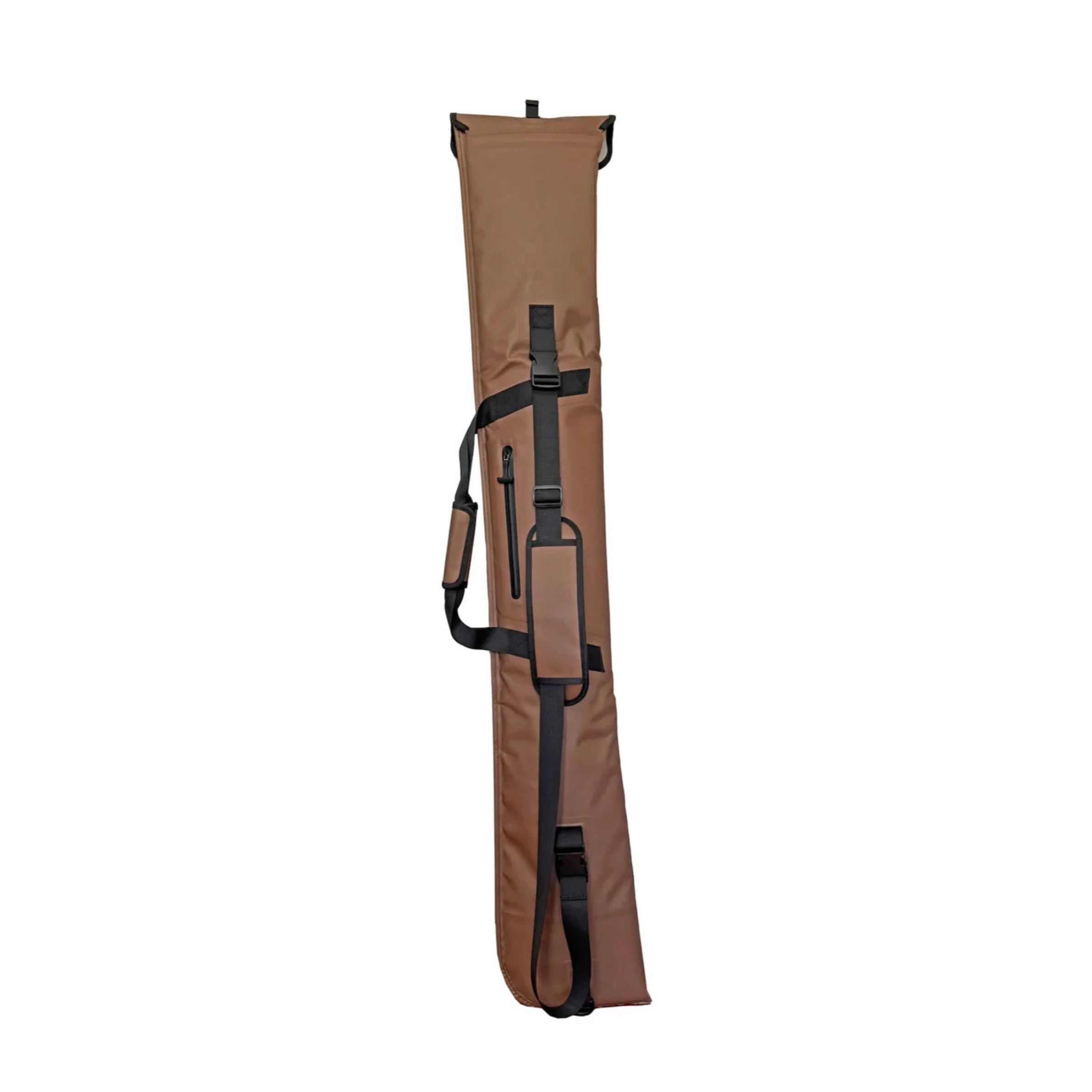 Brown tactical rifle case with adjustable shoulder strap and carry handles for hunting and outdoor use
