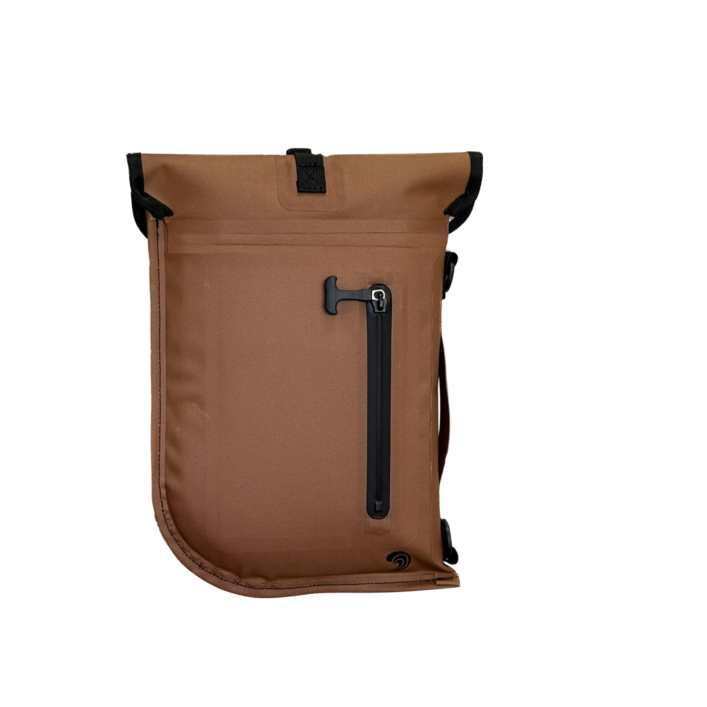 Brown roll-top dry bag with black zipper, ideal for hunting and outdoor adventures