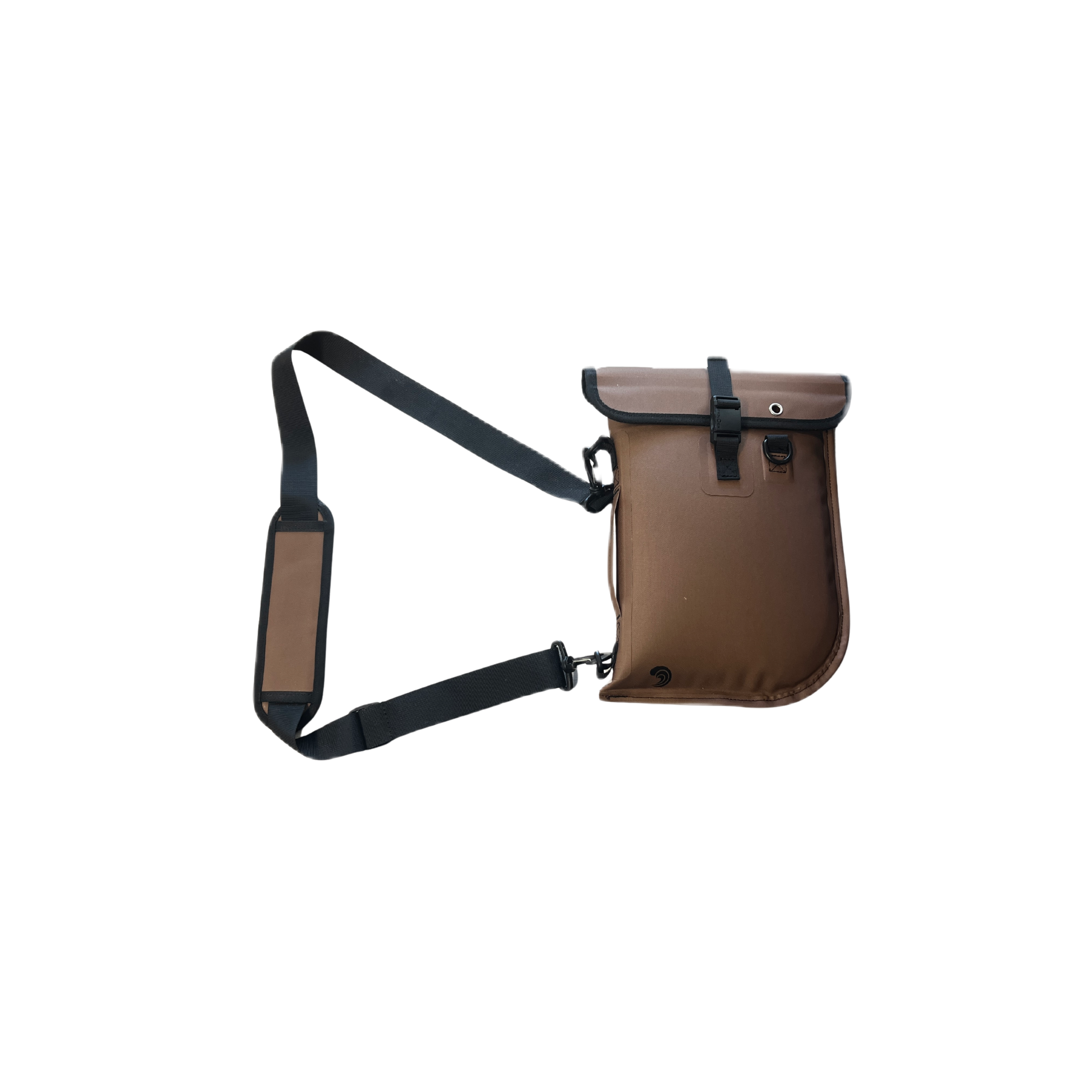 Brown outdoor utility pouch with black adjustable strap, ideal for hunting or fishing gear storage
