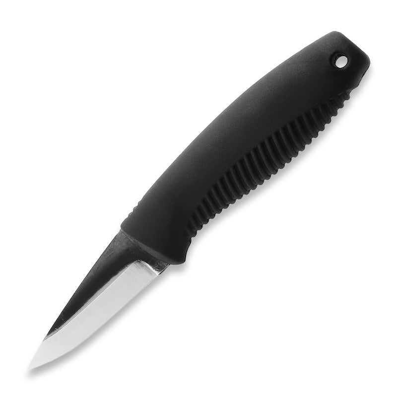 Compact hunting knife with black textured grip and stainless steel blade for outdoor use