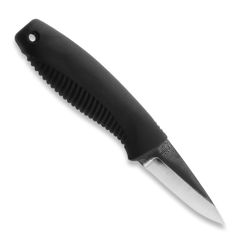 Black handled hunting knife with textured grip and sharp stainless steel blade for outdoor use