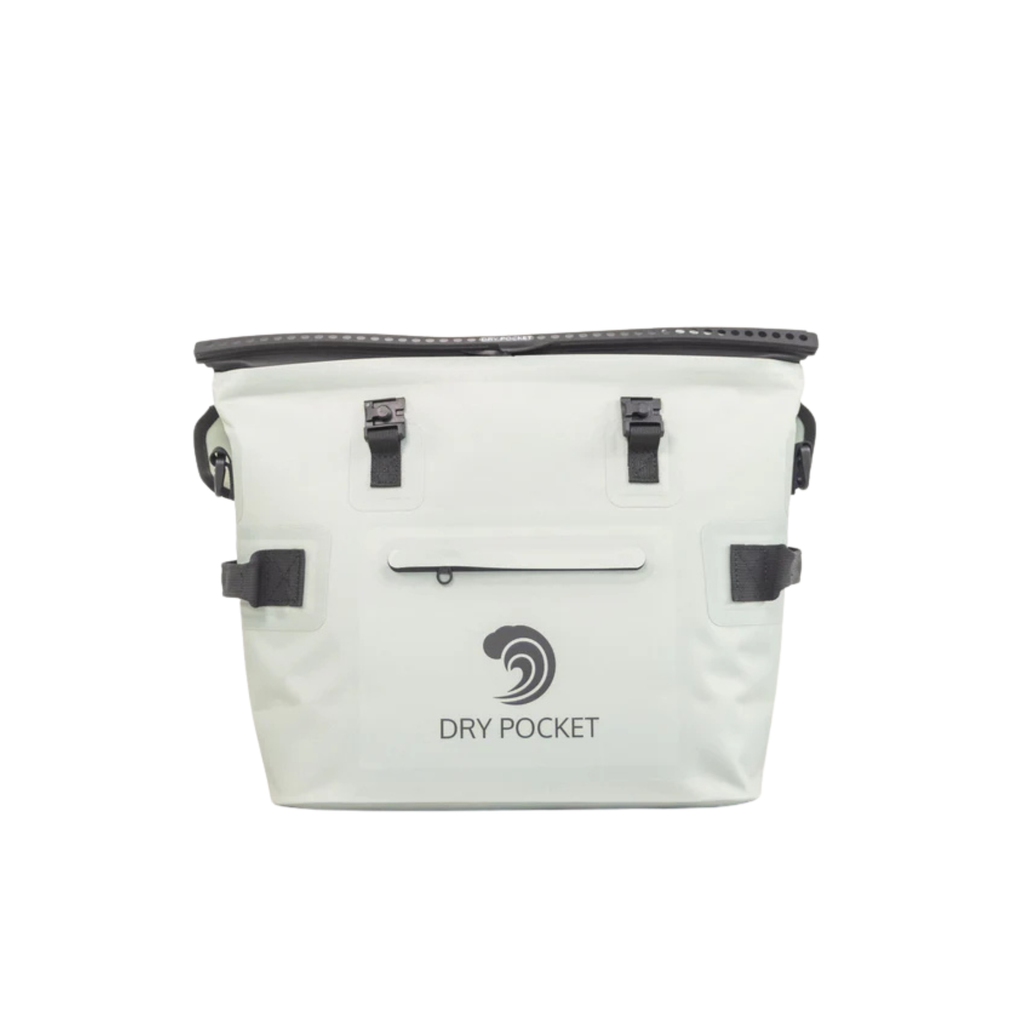 Dry Pocket waterproof dry bag for hunting and fishing gear storage, light gray with black straps and secure buckles