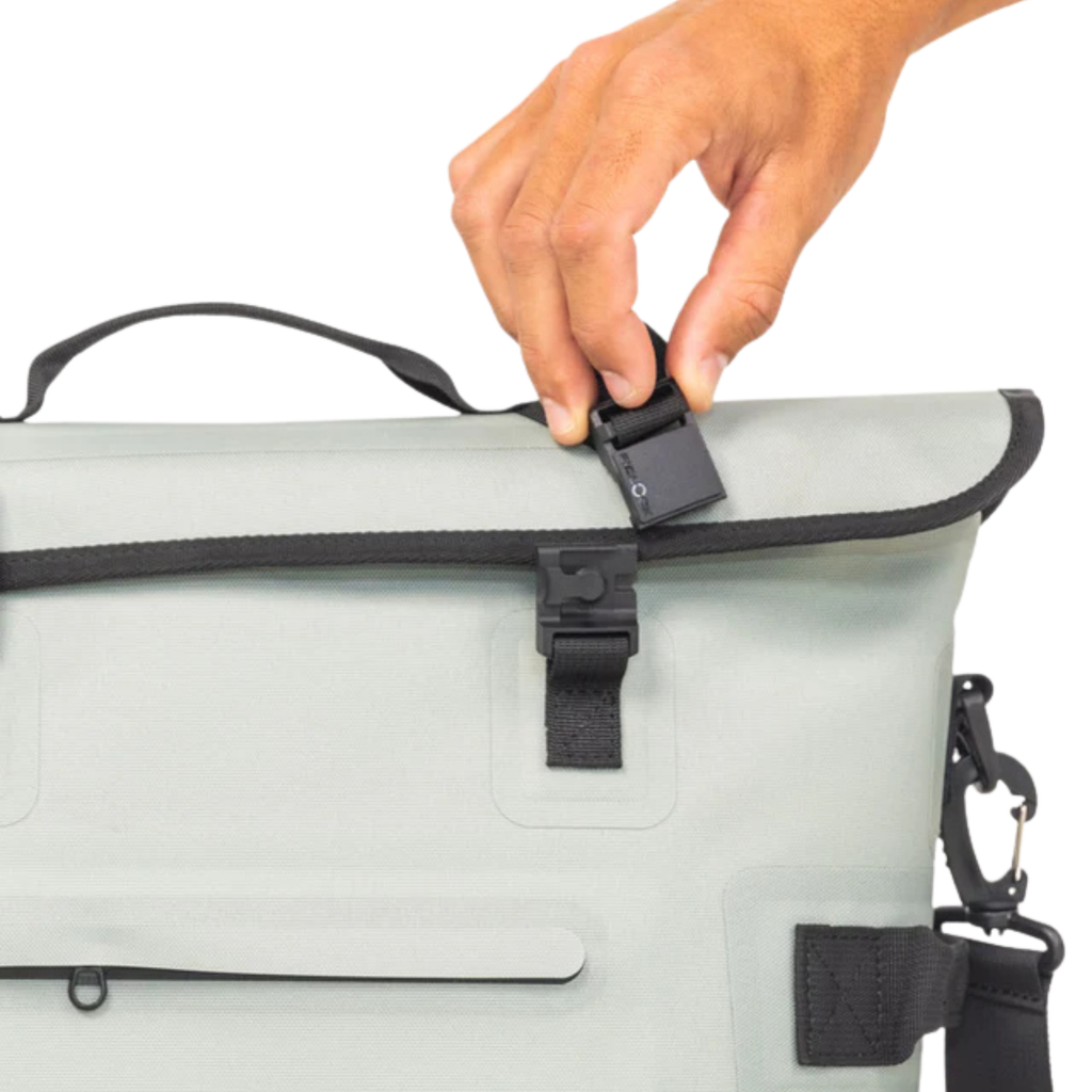 Gray waterproof dry bag with black buckles and straps for outdoor hunting or fishing gear storage