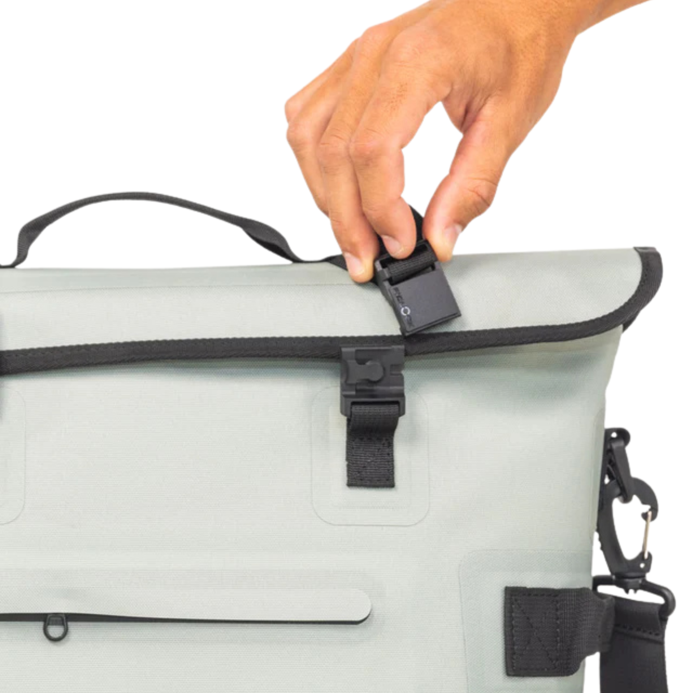 Gray waterproof dry bag with black buckles and straps for outdoor hunting or fishing gear storage