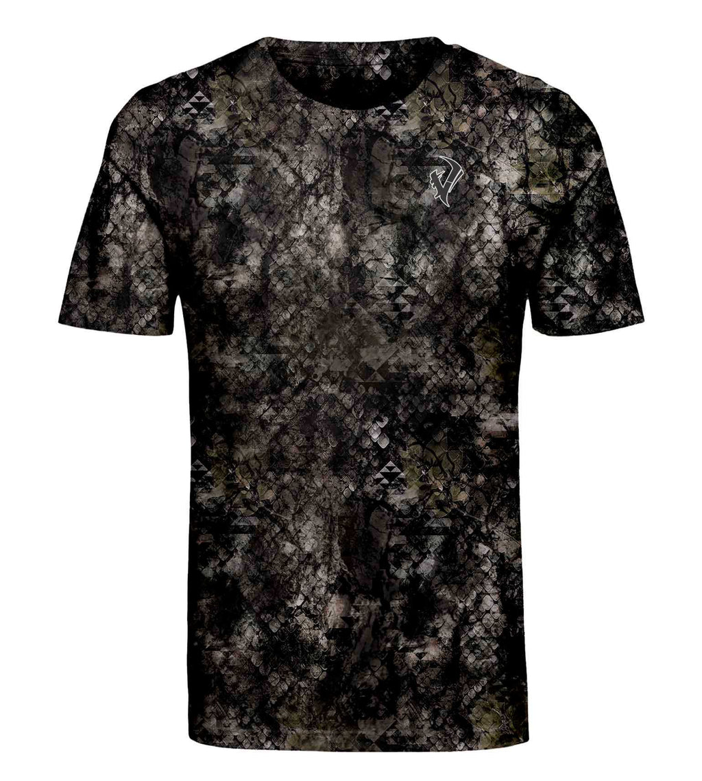 Men's hunting camo t-shirt with dark scale pattern and geometric design for outdoor concealment