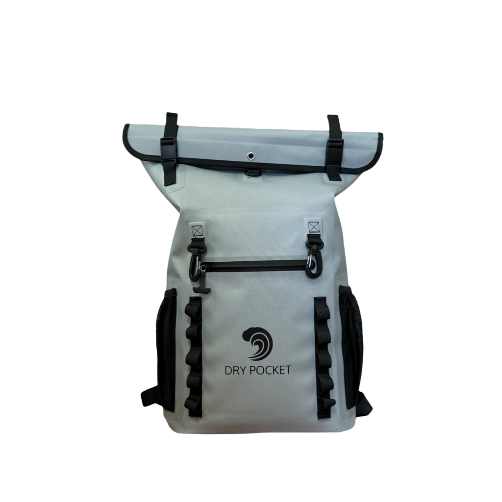 Gray Dry Pocket waterproof backpack with roll-top closure, side pockets, and black straps for outdoor hunting gear storage