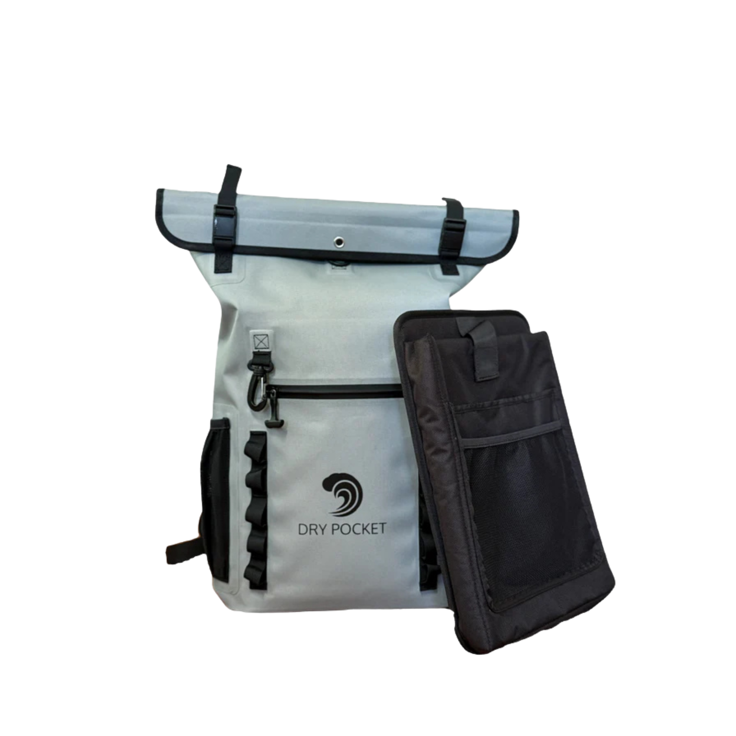 Gray Dry Pocket waterproof backpack with black organizer insert, ideal for hunting and outdoor gear storage