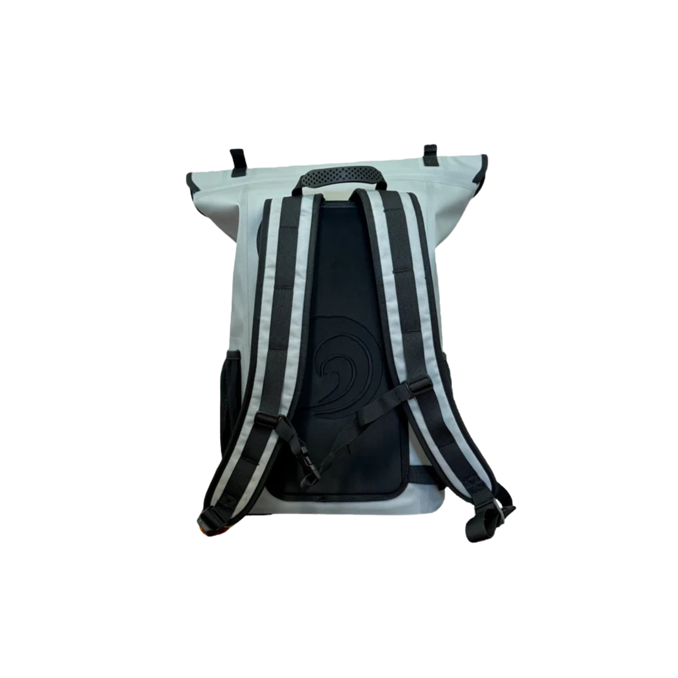 Light gray waterproof roll-top backpack with black padded straps, ideal for hunting and outdoor adventures.