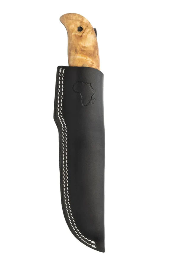Hunting knife with wooden handle in black leather sheath, white stitching, Africa map embossing
